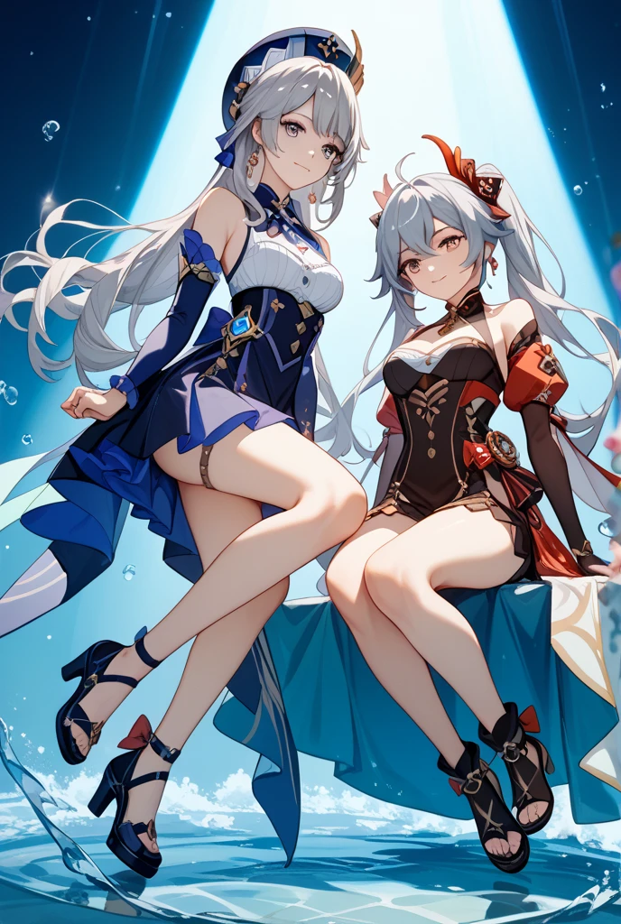 Best quality， Ultra-high resolution， Ultra HD，Two young girls，Common，Hanfu，noble，Full Body Love，Look at the stars，Imagining the future，Blue pupils， Big breasts cleavage，Big breasts beauty. ，Fox Girl，Huge breasts，High heel