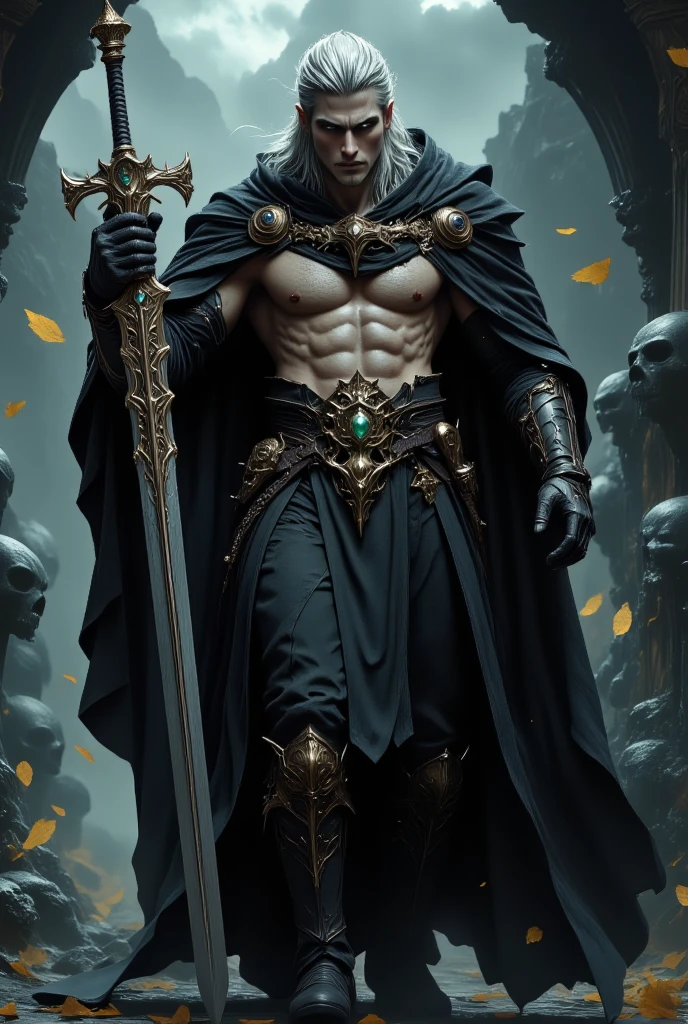 Greek God Thanatos as a young man with pale skin and black hair.  He is tall and slender, and his eyes are black.  His body is covered in tattoos, and he wears a crown of thorns.  His face is beautiful, but it is also cold and emotionless.  He has a fine mouth and full lips, and his nose is straight and fine.  His eyes are big and dark.  He wears a long white robe that trails on the ground.  The tunic is adorned with images of snakes and skulls.  He wears a black cloak over his shoulders, and a crown of thorns on his head.  He carries a sword in his right hand.  The sword is long and sharp, and is made of black obsidian.  Background a field of black flowers.  Full moon lighting.