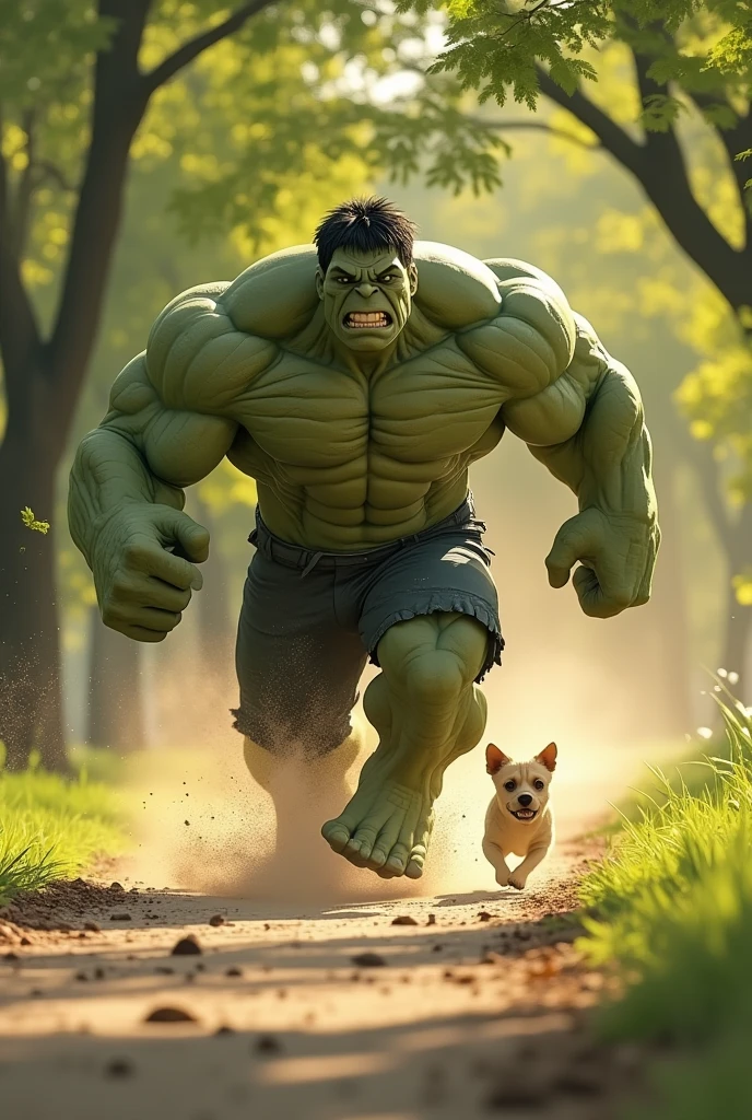 Generate an image about a dog being in the snow with the hulk