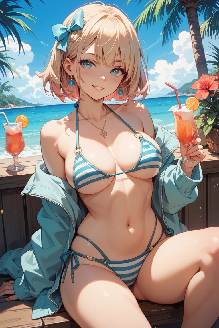 best quality,highres,ultra-detailed,realistic,bikini,girl,beach,sandy beach,sunlight,clear skies,turquoise water,tropical plants,summer vibes,vivid colors,tan skin,beach waves,long hair,playful,elegant,relaxed,seaside, happy look, smile, fresh coconut juice,beach umbrella,seashells,sandcastle,swimming,water splashes,beach ball,beach chair,smooth skin,natural beauty,breezy,swimsuit,tropical paradise