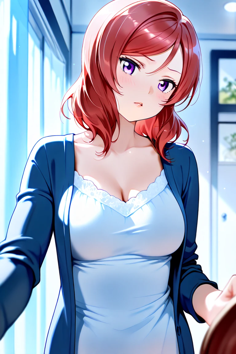 (Masterpiece, Best Quality, High Quality), volumetric lighting, illustration, beautiful , Blushing, indoors,solo, perfect lighting, perfect shadows, nishikino maki, love live,purple eyes,red hair, (oversized t-shirt:1.2), cleavage,big breasts, bottomless, holding controller, moaning,(shoulder slip:1.2), drooling, saliva dripping on her breasts