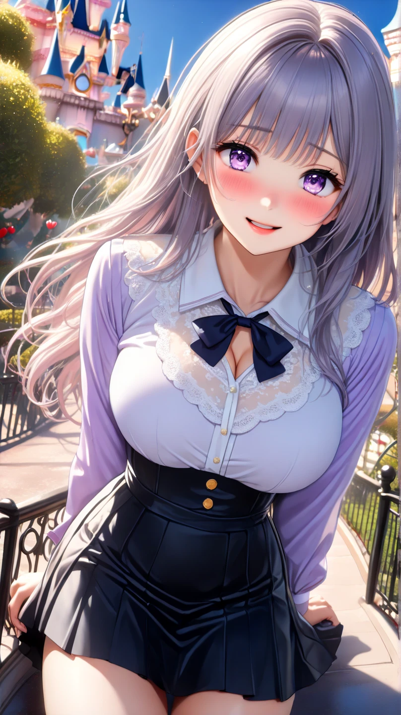 1girl, full body, solo, summer, village, trees, sun, clouds, ((colorful hair)), large breasts, ((black blazer)), button down shirt, ((white shirt)), ((short sleeved shirt)), ((unbuttoned shirt)), unbuttoning buttons, cleavage 1:3, brown eyes, skirt, smile, looking at the viewer, standing, hair ribbon, golden necklate