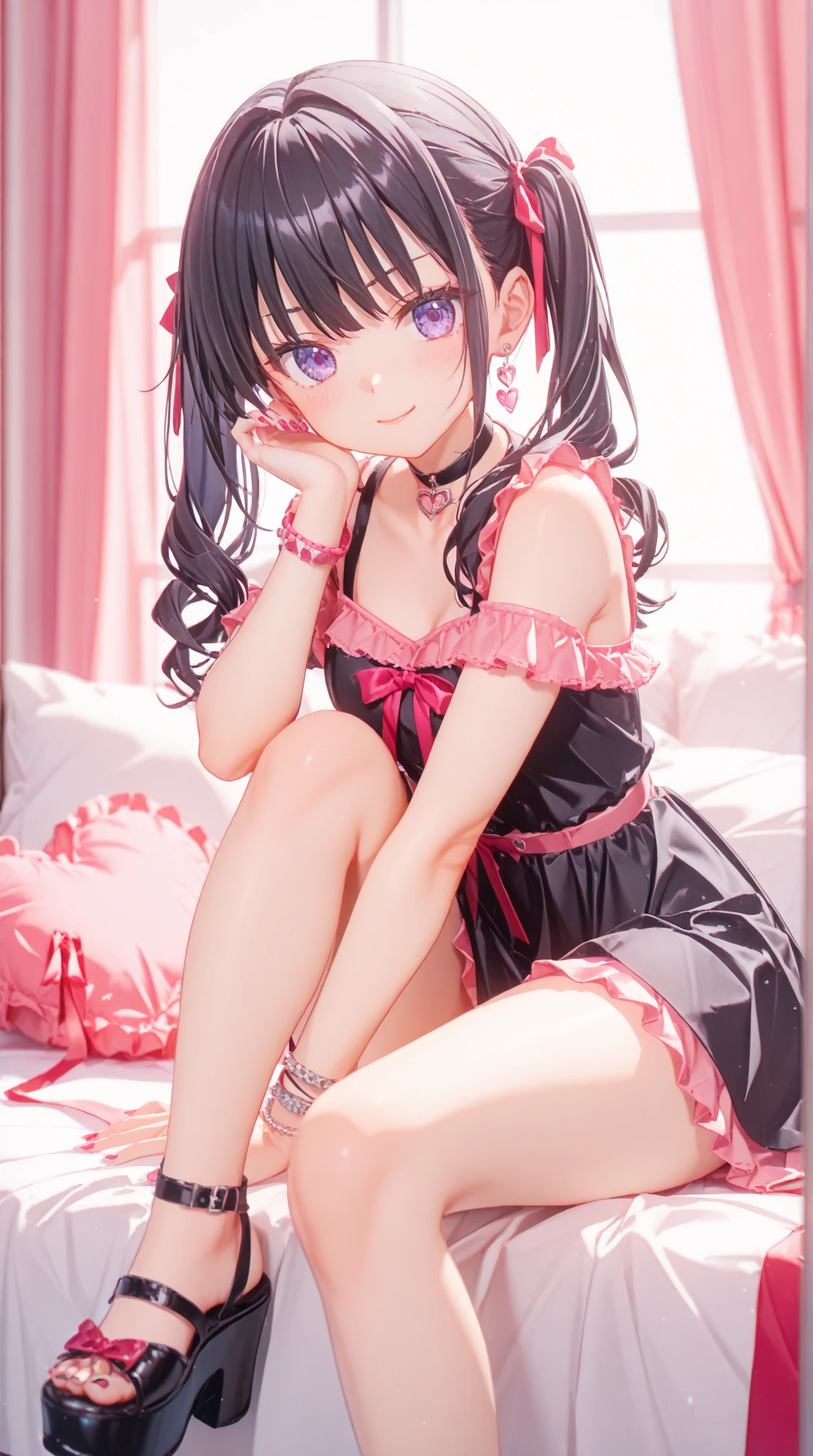 Hands behind back,Tied up with hands behind back,front view,looking at viewer, looking ahead,1girl,Beautiful girl at 13 years old,Japanese,Slender,small breasts,Baby Face,Small face,Black Hair,Row Twin Tails,Gray Eyes,Drooping eyes,middle School girls,Sheer black and pink negligee,Sexy Lingerie,open mouth,tongue out,front face,Kneeling,Put your chin forward,Beautiful and detailed anime art,A mischievous smile,Sexy vibe,cum on tongue,Dimly lit room,On the bed,Love Hotel,Soft lighting