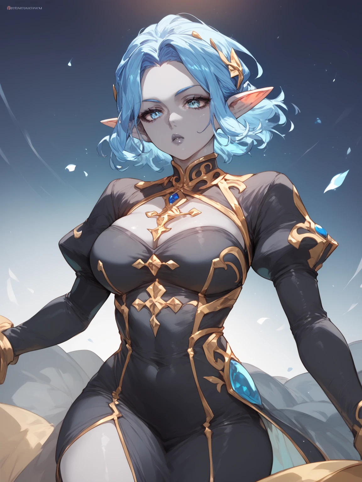 (masterpiece, best quality:1.2), 1girl, solo, silver hair, green eyes, green bikini, pale skin, elf, gloves, chainmail bikini, face tattoo, black boots, make-up, spaulders, arm-piece, green cape,medium breast, grey lips, Nightsong