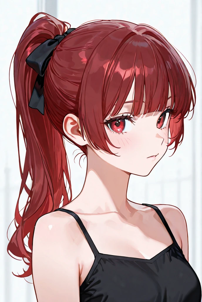 young girl, Long red hair, high ponytail, brown eye, Black sleeveless t-shirt, open belly, camouflage military pants, Katanas, Masterpiece, hiquality