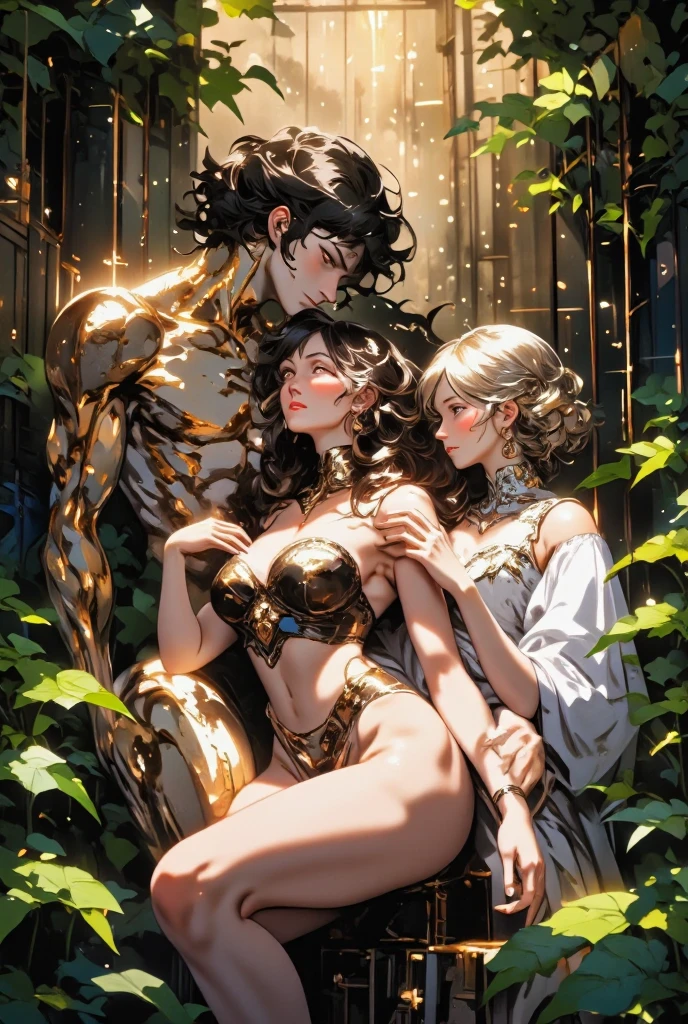 {{{restrained}}}, Three Water Dancers(femele)Marble statue of、red hairs、Silver hair、Dark hair、Long well-proportioned limbs、(barechested:1.4)、Plain black background、spot light、highcontrast、masterpiece、top-quality、Top image quality、cinematlic lighting、photoRealstic