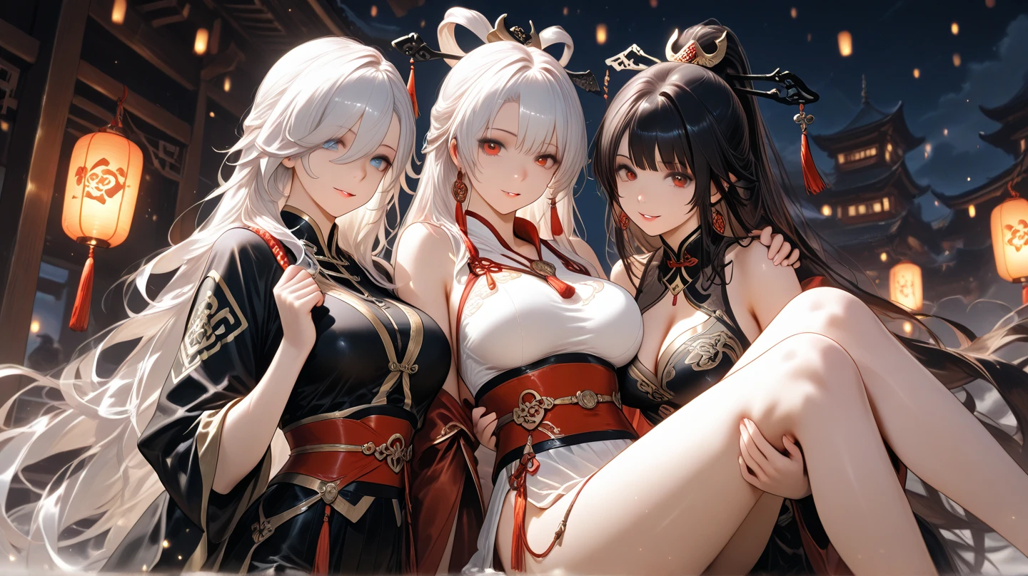 (((full-body view))), ((hentai)), ((dark fantasy)),((three girls beautiful hair, pale skin, long hair),(girls 17 years old),erotic posing,Gothic background, Dark fantastic view,Best Quality,masutepiece,8K,The ultimate detailed dark background, Top image quality、RAW photography、超A high resolution, overall look is very erotic, round chest, Beautiful Eyes of Details、Very slender eyes、Beautiful eyelashes、Very slim physique, with blush cheeks