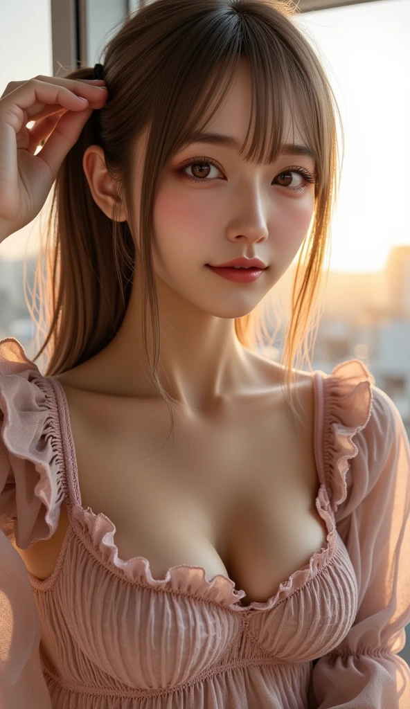 Beautiful woman, very sexy body, big breasts looking directly at the camera, sexy expression, breasts between arms to make cleavage, breasts closer, coquettish smile, happy smile, glossy, big eyes, highlights in pupils, clear double eyelids, eyelashes, long neck, beautiful ponytail hair, glossy pink hair, bangs, snow-white background, nothing background, ears out