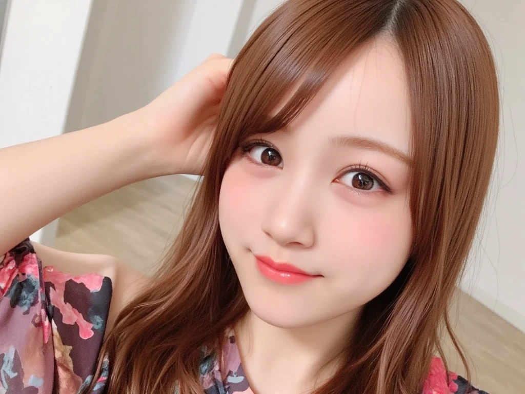 Full Body Angle、((highest quality, 8K, masterpiece: 1.3)), concentrated: 1.2, Cute girl 1,Nipples erect、 Perfect beauty: 1.4,Crisscross V-neck T-shirt, Casual summer short sleeve t-shirt: 1.2,Long sleeve、Randall Color、comics&Text Graphics、Black ruffle-trimmed drawstring zip blouse,1.1, Highly detailed face and skin textures, Fine grain, double eyelid, whitening skin, ,highest quality,Ultra-high resolution,you,1 girl,alone,_Shiny_skin,Iris,necklace,((Brown_length_Wavy_hair)),(lips)),eyelash,Front hair,deal with,compensate,Shiny,pore,skin texture,Large Breasts、smiling face、