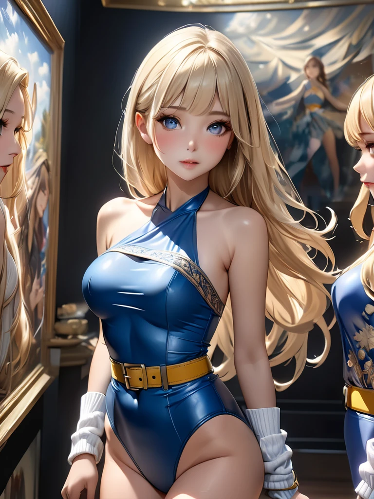 Realistic, Solo, 1girl, Perfect Detail Face, Detailed Blue Eyes, Very Detailed, Blushing, Hair Ornament, Chignon Mahogany Hair, (Blonde Hair), Plug Suit 02,Shikinami Asuka Langley, thin beautiful legs, young face, pretty eyes, black background
