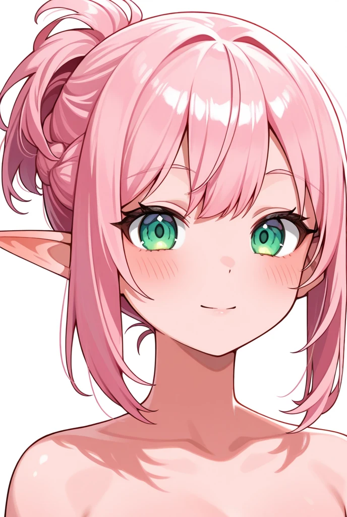Highest quality、super high quality、16K, Delicious breasts、topless、Facial expressions are random、Location: Fantasy Village、 hair color is pink、The pose is with both hands raised、The distance is random、The angle is from the top、Small face、Very delicate facial expressions、Delicate eye depiction、Highly detailed hair、Erotic、18-year-old female、Glowing Skin、Soft Skin、Only Sexy Elf Women、The clothes are elven clothes, white clothes、1 female、