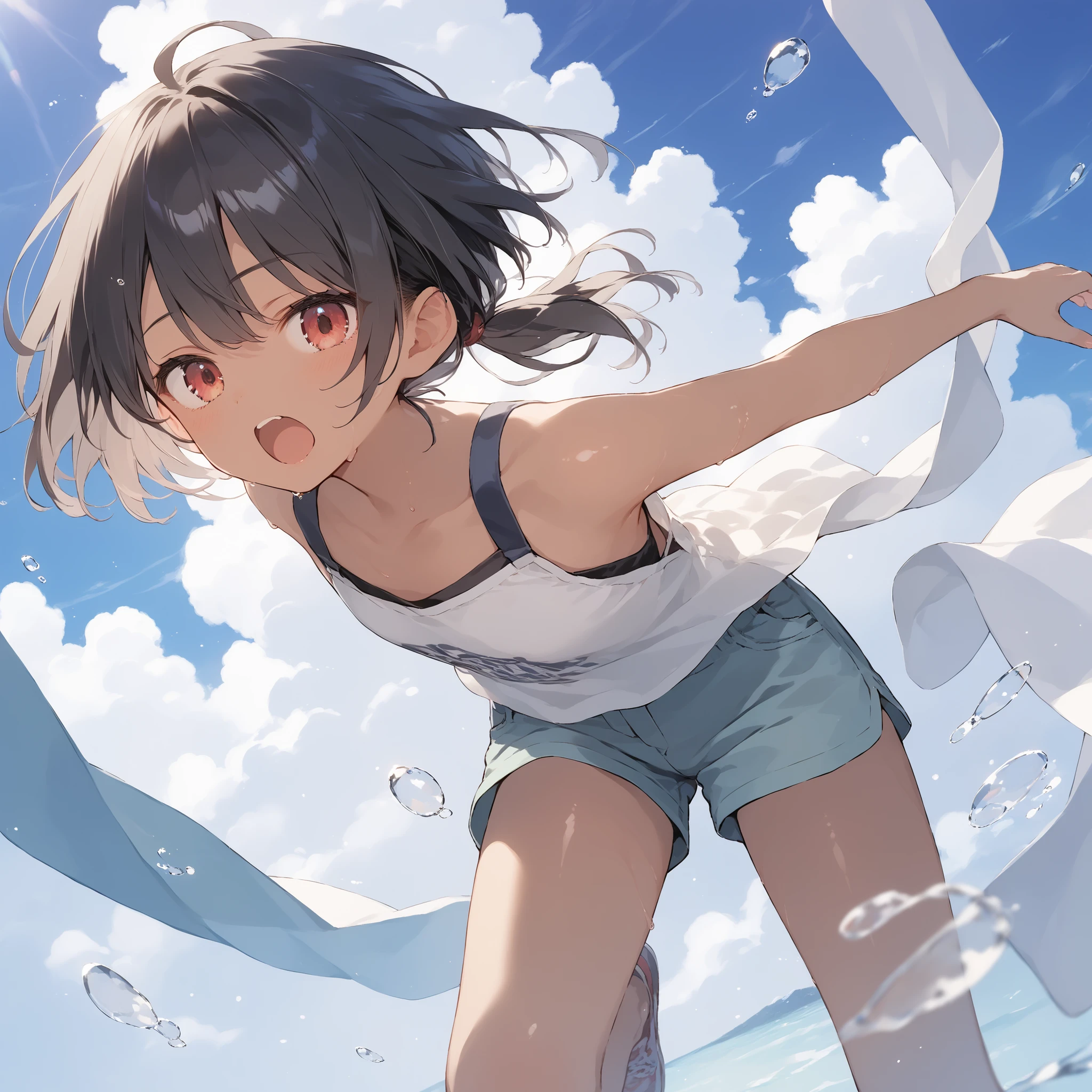 score_9, score_8_up, score_7_up, source_anime, best quality, masterpiece, official art, absurdres, highres, ultra-detailed,waifu2x,Collection: Slice of Life,break,1girl, tomboy, dark-skinned female, short hair, low ponytail, flat chest, beautiful detailed eyes, short shorts, sweat, open mouth, (yawn:0.3), sleepily, outdoors, wind, break,dewy skin, perspiration on the skin,skin texture, fine lines, pores, natural imperfections,light reflections, glossy skin, shiny skin,break,(clear line illustration:1.2),very high resolution, very aesthetic, Best sexual lighting powered by famous artist, 8k,cute picture,beauty illustration,photoshop_(medium),,(Detailed Lighting),best anime 8k konachan wallpaper, pixiv contest winner,