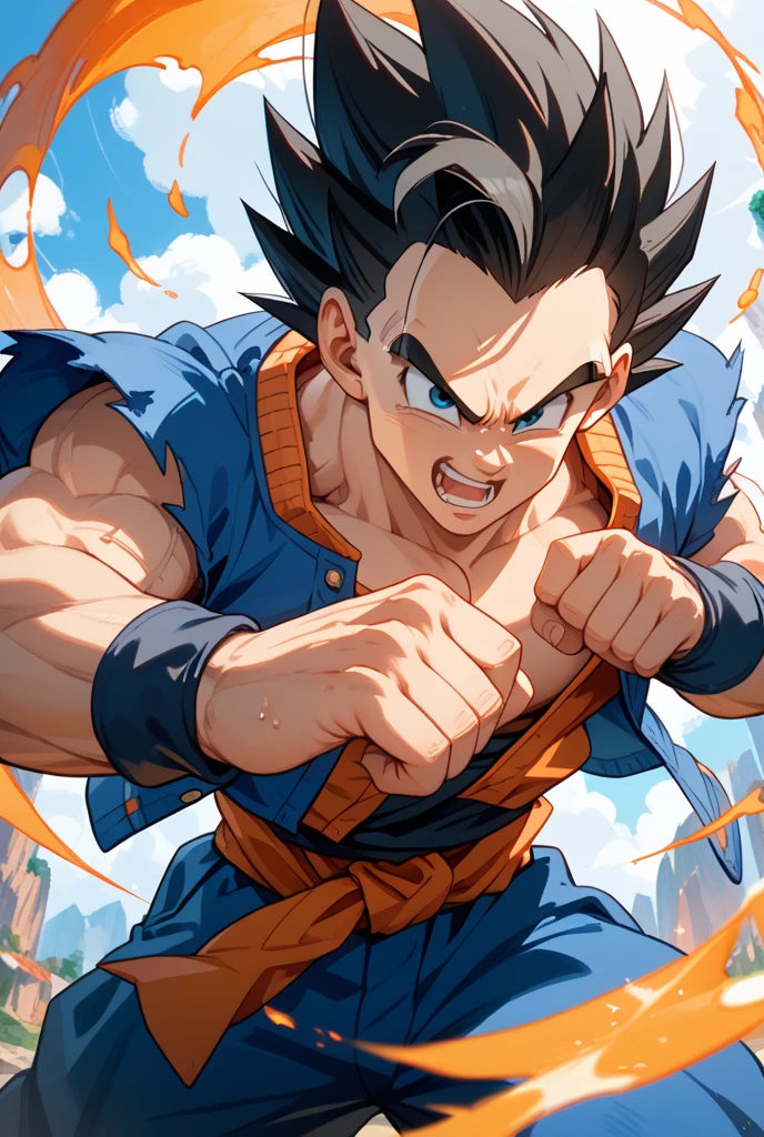 Vegeta、Son Goku、Generate an image of Son Gohan fighting with three