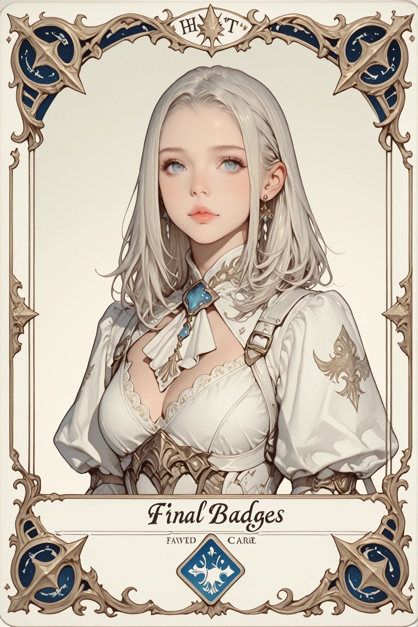 A beautiful white card game card (((with fantasy edges))), with a hyperrealist cute hot girl printed in the Final Fantasy aesthetic and style