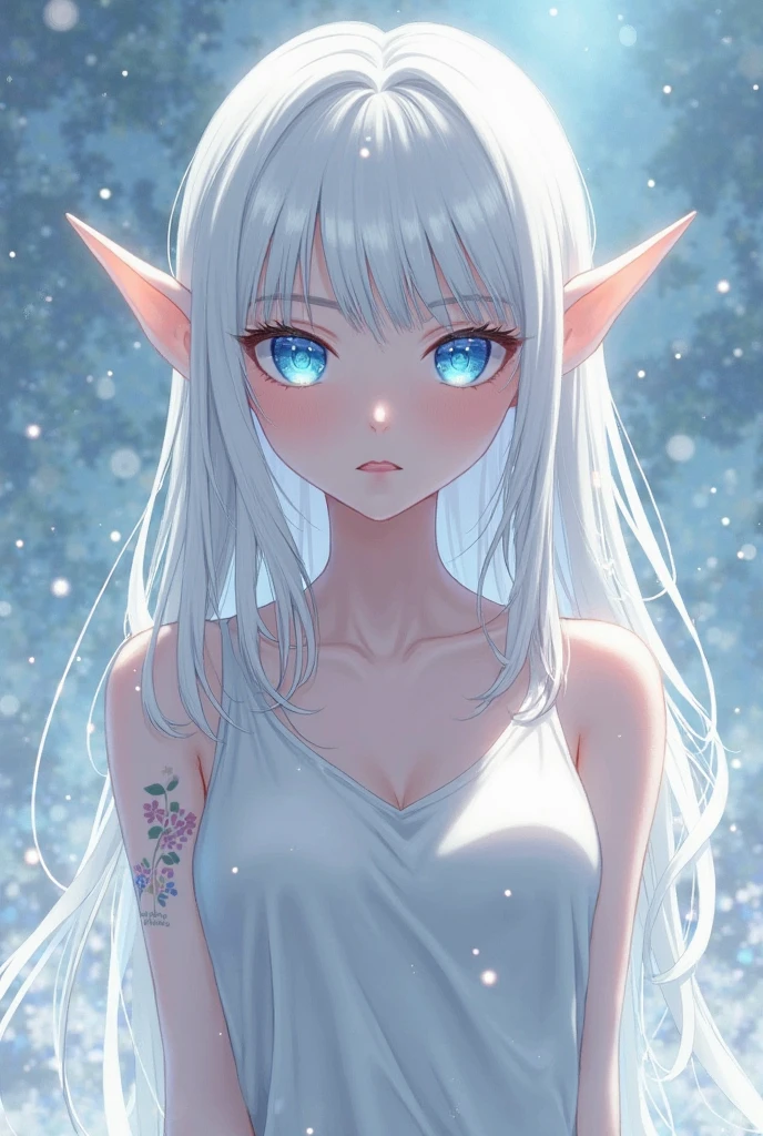 In an exquisite 8K masterpiece, a mature anime woman stands amidst a pristine snow-covered forest, embodying the epitome of best quality. Her appearance is that of an elf woman, adorned in white clothing that echoes the pureness of the snowy landscape. Her long, cascading white hair, parted in the middle, frames a delicate face wit? light grey eyes that reflect the gloom of the environment. The tips of her long bangs are dipped in fresh snow, creating a contrast with her natural color. Her lips gloss adds a subtle touch of color to her mature, sad expression, laden with tears that drip onto her white collar. Silver ear