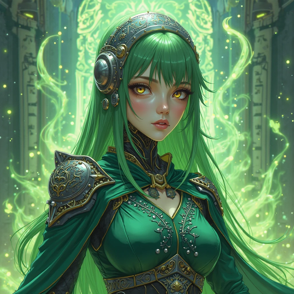 detailed face, cute face, A powerful spell that creates a magical protective barrier., A woman who uses green magic to summon a magical shield is perfect for a fantasy world..