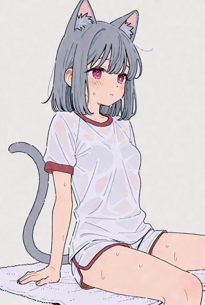 1 girl with short gray hair, black eyes, slender body, medium breast, gray natural mouse ears, natural mouse tail, blush, embarrassed, nude, (((style, I guess)))), simple background, cover your genitals