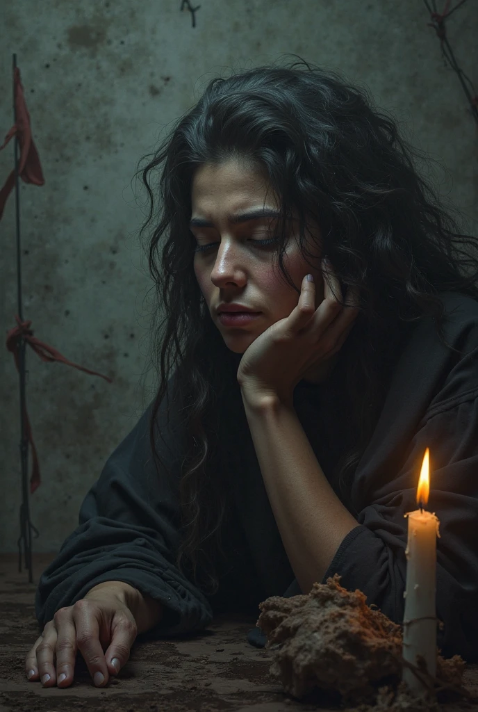 A young woman of age 22 sits in a dungeon with minimal light coming through. Her long black hair is draped over her face and shoulders. Her oversized sackcloth is dirty and torn. Her dirty feet are exposed and her fingers are bloody from scratching the stone walls.