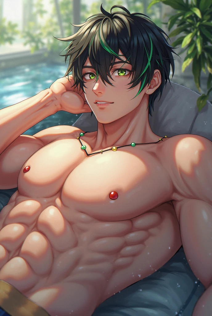 1boy, ((bara:1.5)), sport body, detailed face, detailed hands, detailed legs, detailed fingers, detailed hair, detailed eyes, detailed skin, dynamic lighting, (detailed lighting:1.2), (detailed textures:1.3), (realistic lighting:1.2), realistic shadows, realistic skin, (photorealistic:1.4), 8k uhd, (hyper realistic), (photo realistic), (masterpiece), (best quality), small thong, bare chest, flat chest, bare shoulders, bulge, underwater, wide angle, swimming, athletic body, male, iridescent skin, perfect eyes, messy green hair , bio-luminescent