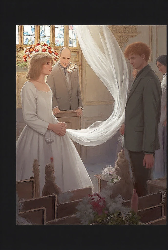 A tender scene of a father with his daughter in a church, the time is the 60s, Pixar Style