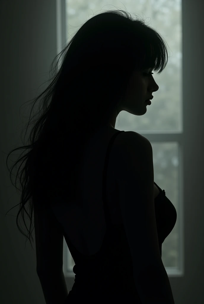 Deep photo, depth of field, ferrania p30 film, shadows, photo of a gorgeous girl standing in a bedroom, Silhouette, messy bun hair, nighttime, underwear, sexy, dimly lit, b&w, smirk, instagram model, crushed blacks, dynamic pose