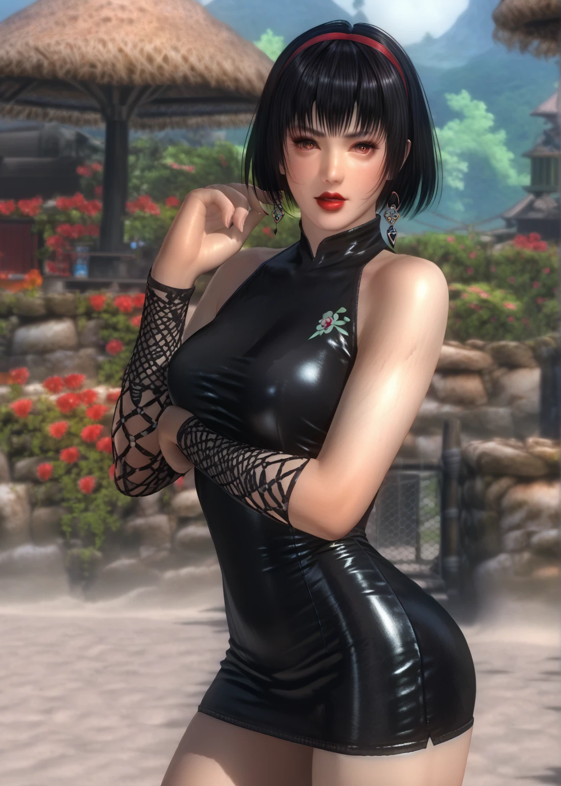 1 girl,(Velvet dress, stockings),outdoor, (permanent,sexy model pose:1.2),jewelry,Lips slightly open, lustful smile, red lips,(huge breasts),((8k, original photo, top quality, masterpiece), HD RAW color photos professional close-up photos), (actual, photorealism: 1.37), (best quality), (best shade),ultra high resolution, HD CG unified 8K wallpaper,soft sunshine,clothing details, alone,Tamaki