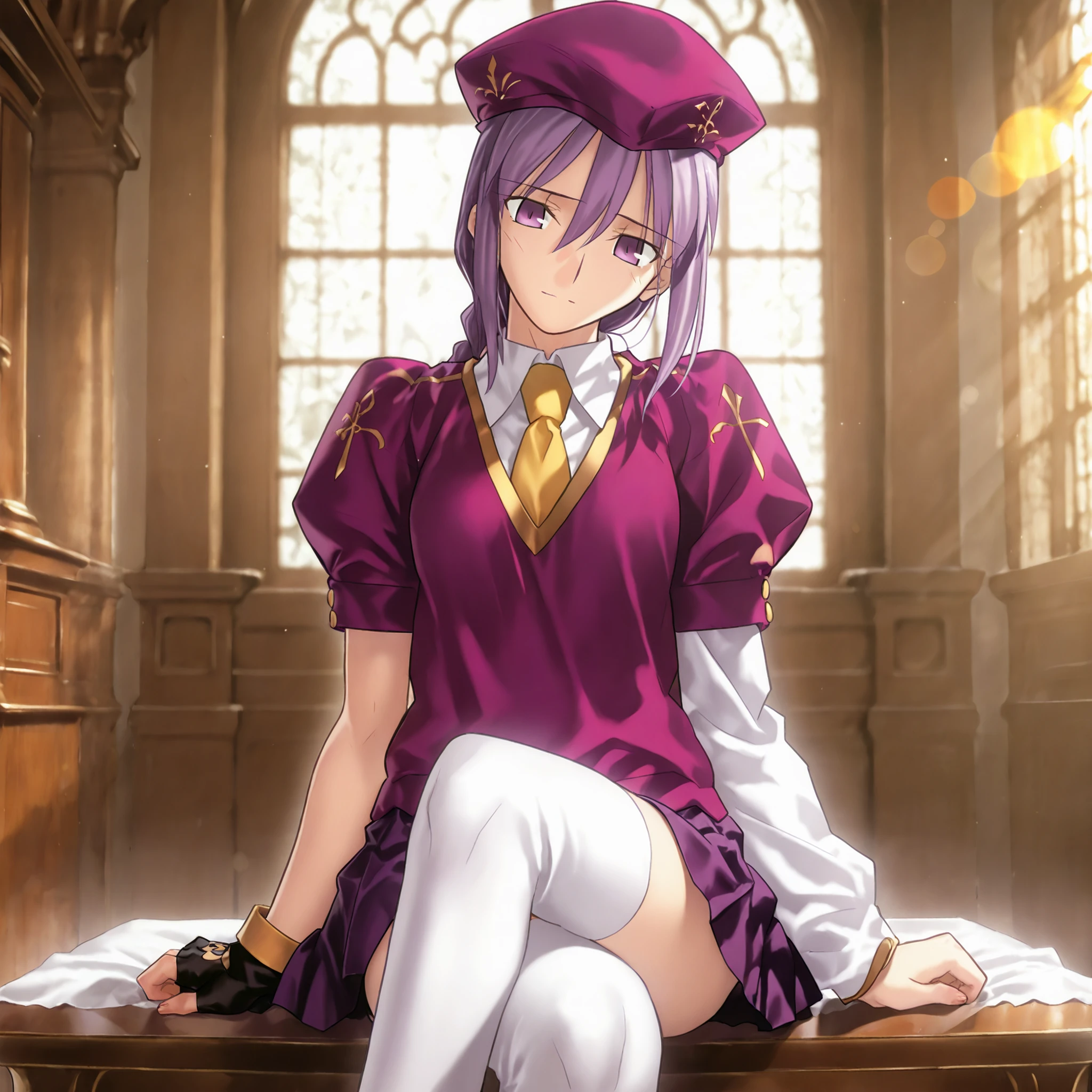masterpiece, , absurdres, highres, detailed background, high resolution, masterpiece, necessary, detail, best quality, quality, necessary, details, High details, Precise, dark, indoors, (mansion), lens flare, blurry background, ,
1girl, Takeuchi Takashi (type-moon,tsukihime) style, takeuchi takashi style, (aged up), sitting ,
girl, (slender body, slim arms, slim bod), (Sion) Eltnum (Atlasia) ,sion eltnam atlasia,(fate), purple hair , purple eyes, half-closed eyes, tsurime, hair between eyes ,long bang, long hair , braided hair , braided ponytail , yellow ribbon , EltnumOutfit ,small breasts, light purple sweater ,Juliet sleeve sweater , collared undershirt , white undershirt , undershirt , yellow necktie ,(short sleeve), , dark purple skirt , miniskirt , gold trim , white thighhighs , single glove , fingerless glove , black glove , dark purple beret , ,((head tilt)), looking down,(small breasts),