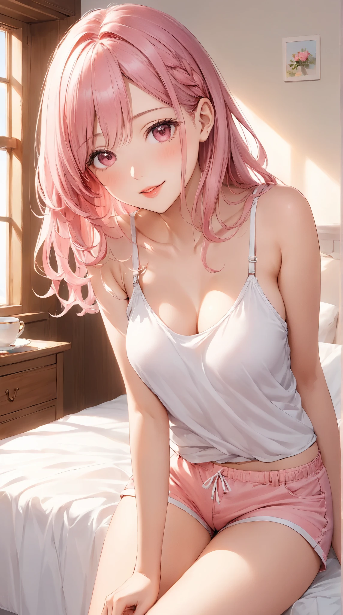 ,pink hair 28 year old girl,zelda, earrings , 、Face Real,(Wearing a white T-shirt)、Open your mouth wide to the maximum、Sit on the bed、Look straight up and look at us、deep v neck, Cleavage emphasis,deep cleavage, plunging neckline, (Super large zoom of chest)、no BRA、sexly, dripping on breasts, sweating, licking her lips, flushed complexionnipples, nipples