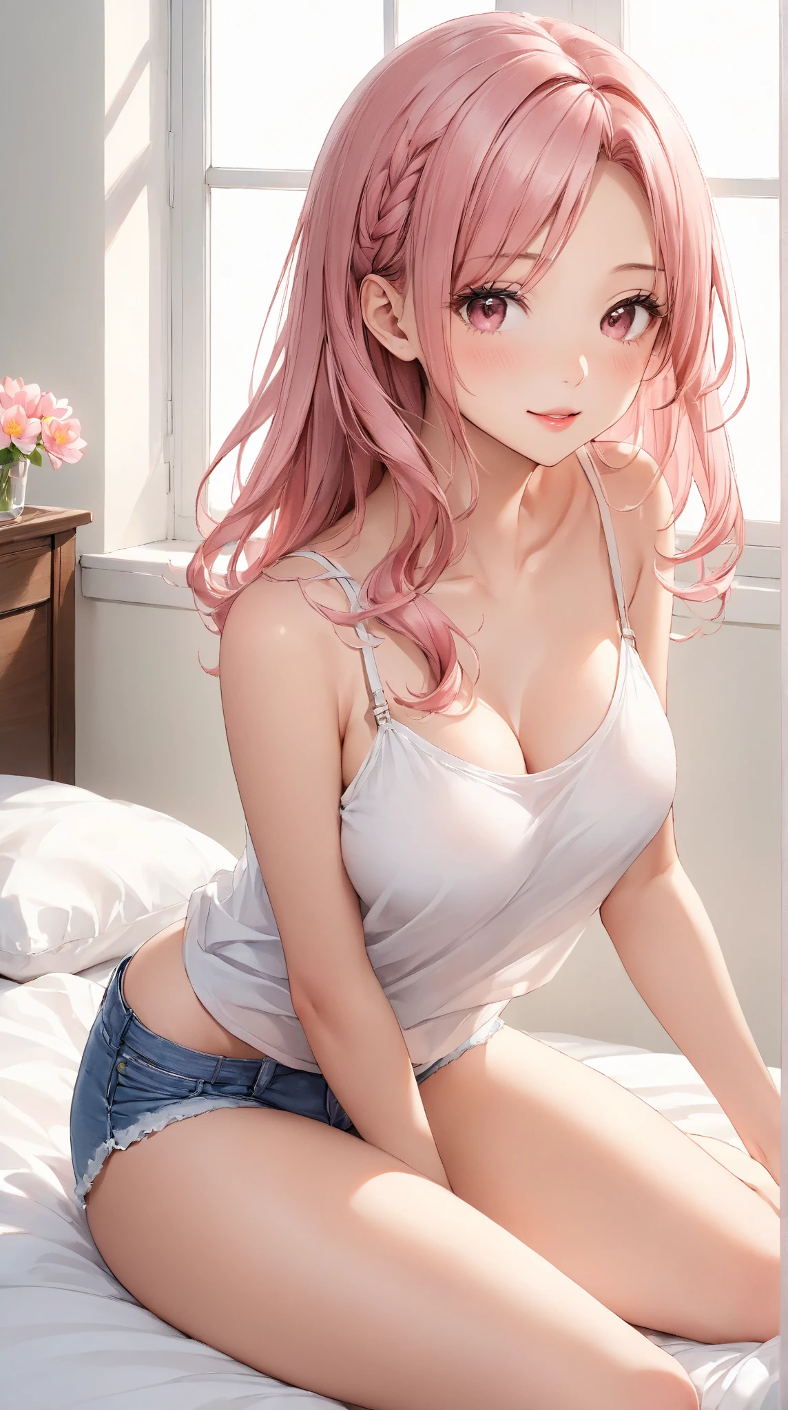 (masterpiece, best quality), 1girl, pink hair, crop top, denim shorts, bedroom, striped thighhighs,