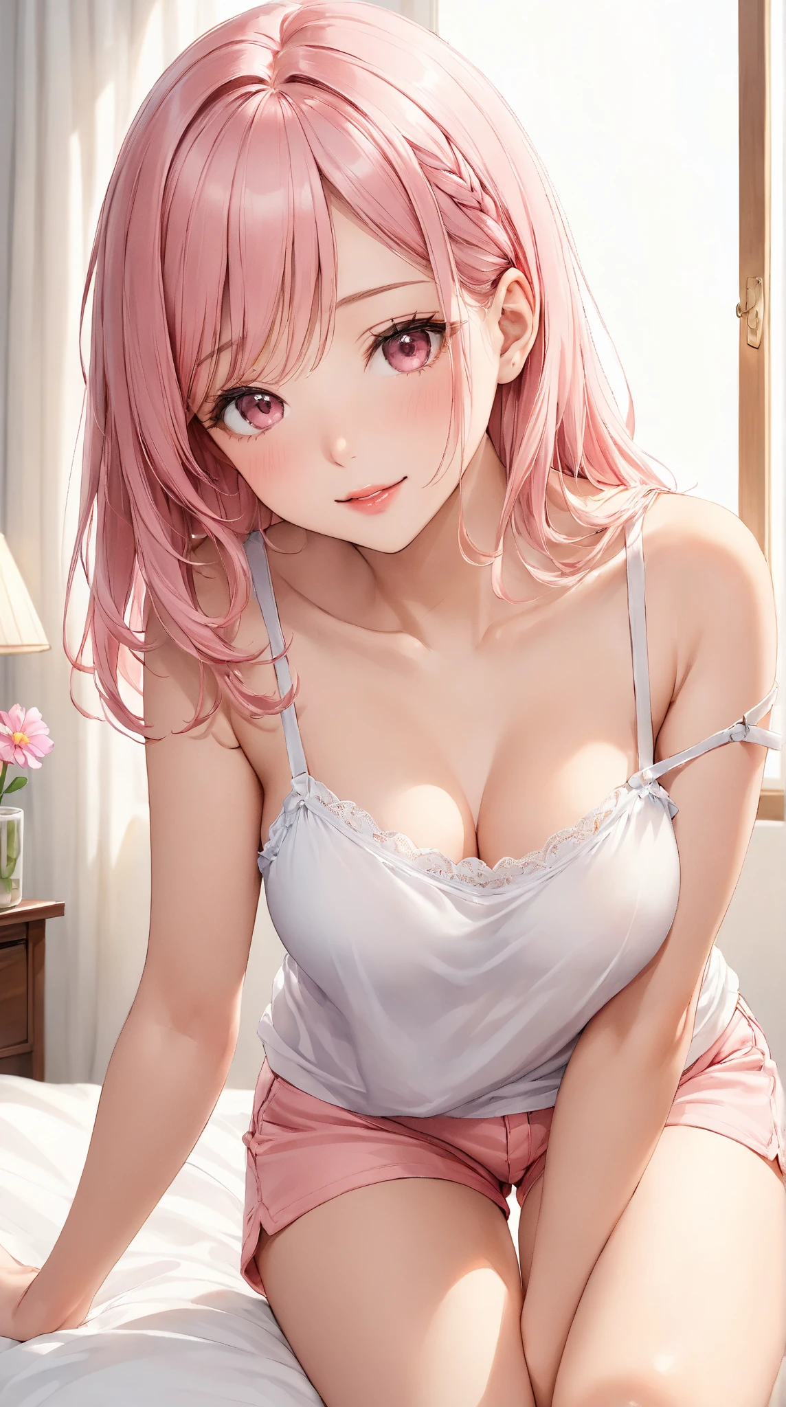 Best Quality,High resolution,8k,finelity detailed background,Masterpiece:1.2),(Two Beautiful Girls 1.3),Huddle together,The beautiful girl on the left has shiny pink hair.,asymmetrical hair,Beautiful pink eyes,Gentle look,A refreshing look,(smile)underwear,The beautiful girl on the right has shiny blonde hair.,asymmetrical hair,Beautiful golden eyes,Gentle look,A refreshing look,(smile)underwear,Best quality,Best Quality,Aesthetic and aesthetic:1.2,Best details((Super detailed))(High-definition CG illustrations),Upper Body,(Cleavage:1.2)Slender body,night,moon,Bedroom,On the bed,smile,blush,cute,Scrounge,Looking up,Being spoiled,super model,