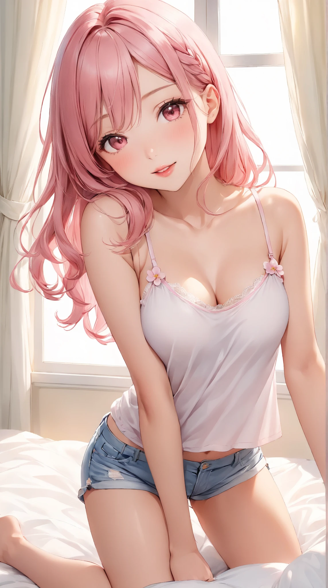 18 year old Japanese girl, wearing white bra and black underwear, with glossy pink hairs, Showing her .