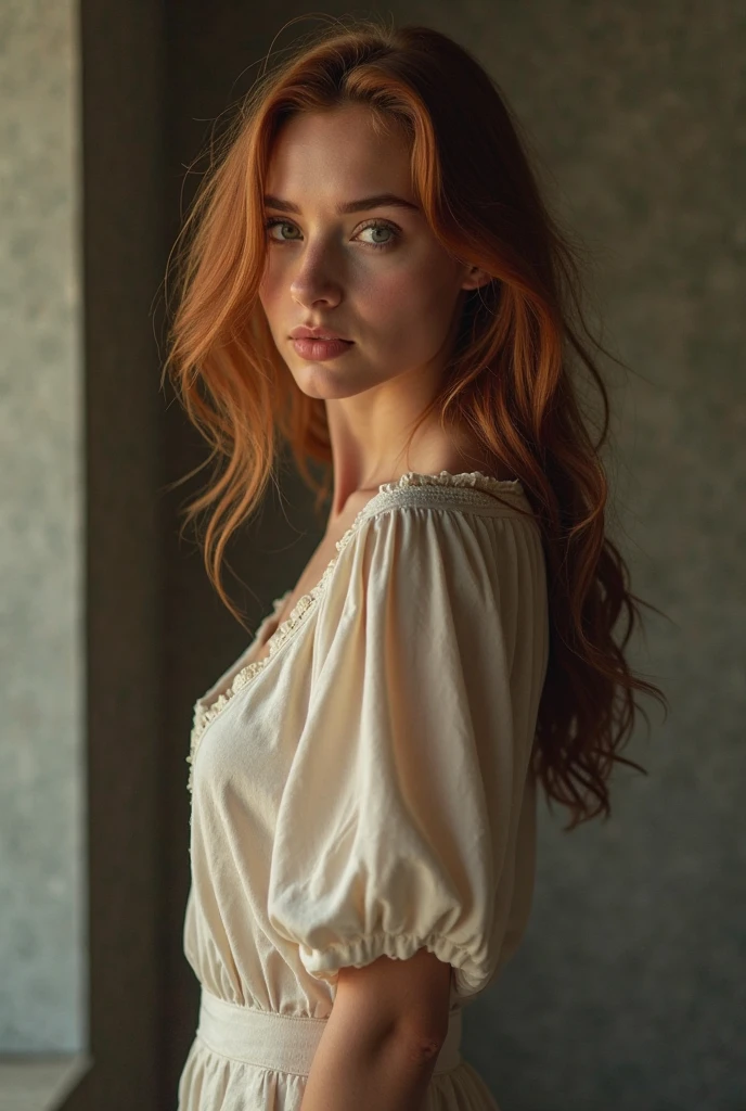 portrait shot, S183_ErikaPostnikova, off-shoulder white_shirt, blissful_expression, eyes, at home