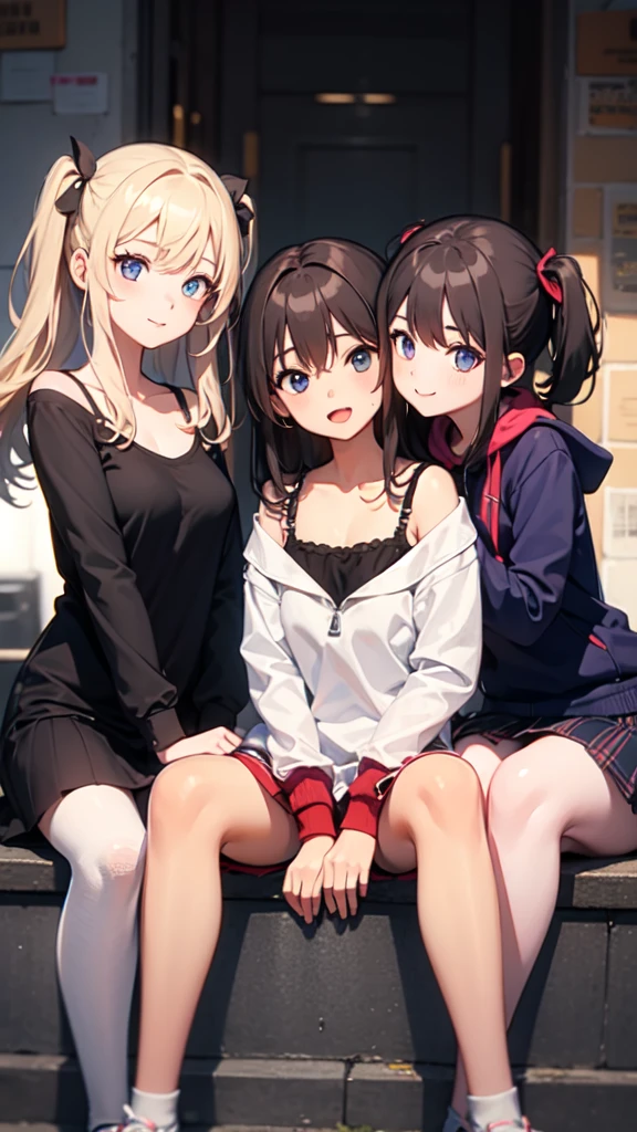 girls were sitting on the stone steps, ((white panties))、she was wearing a short sweatshirt, skirt、 sneakers, black hair, detached house, flowers,,Only one big breast,(((Expressive smile))),NSFW