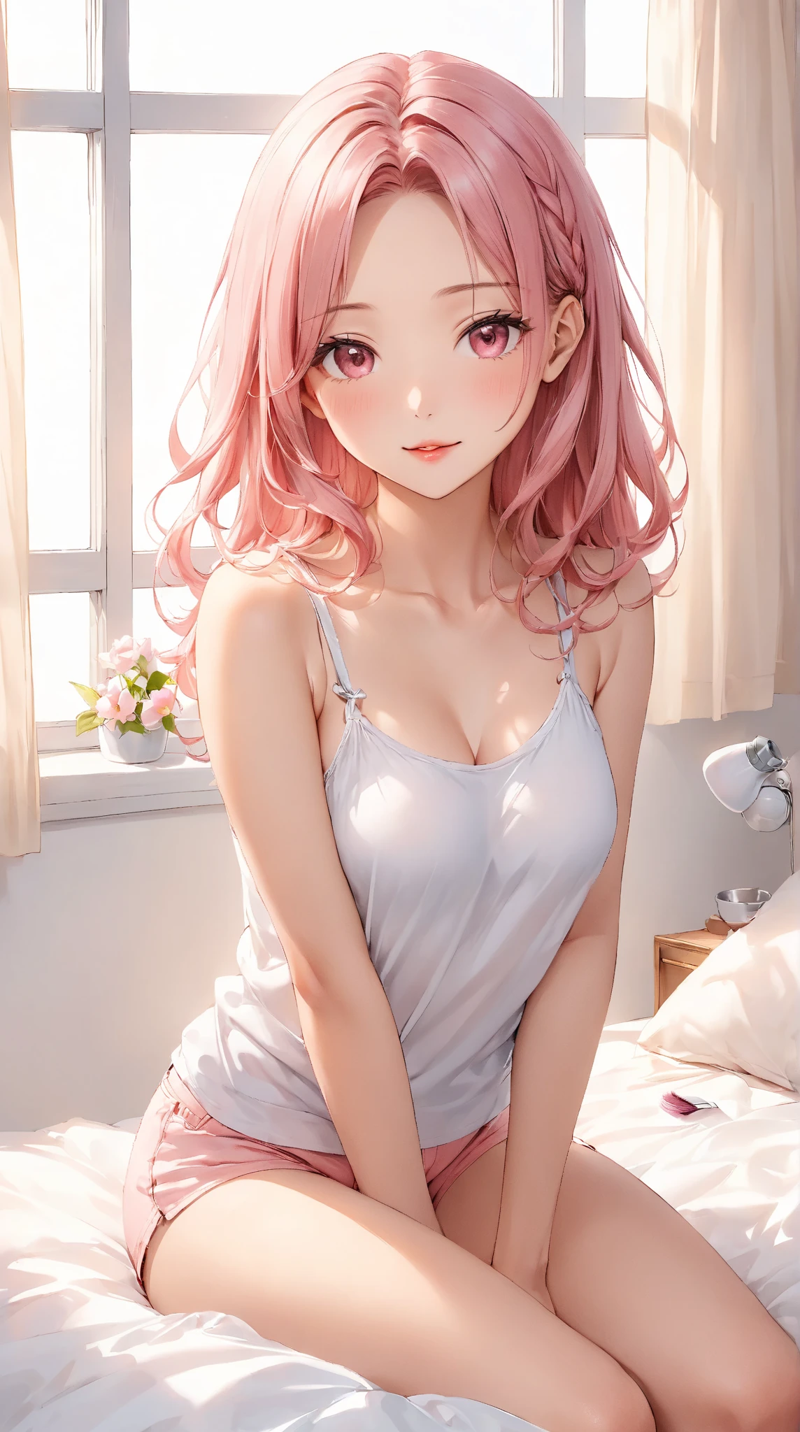 (Best Quality,High resolution,8K,finelity detailed background,Masterpiece:1.2),beautiful girl,Shiny pink hair,messy hair,Pink eyes,Gentle look,A refreshing look,Best quality,Best Quality,Aesthetic and aesthetic:1.2,Best details((Super detailed))(High-definition CG illustrations),cuteパジャマ,Slender body,night,Moonlight,Bedroom,On the bed,smile,blush,cute,Scrounge,Looking up,Being spoiled,super model,wariza,shoot from below