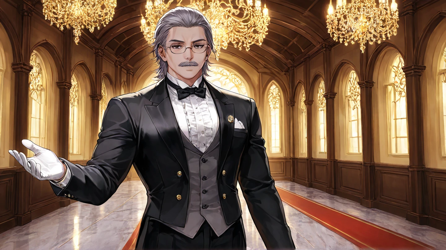 [[1man, solo, human butler]], [tall mature build, broad shoulders, lean frame, pale refined skin:1.1], slicked-back gray hair, neat mustache, gray mustache, (sharp dark eyes behind rimmed spectacles:1.2), wearing classic black butler suit with white gloves, vest, cravat, and polished shoes, standing in a luxurious Victorian manor hallway, silver tray in one hand, posture straight and dignified, (serious and composed expression:1.2), (looking slightly downward toward viewer:1.1), (golden chandelier light reflecting off marble floor:1.2), richly detailed interior – red carpet, wood panels, golden accents, (anime semi-realistic style), warm interior tone, aristocratic ambiance, subtle textures in uniform fabric