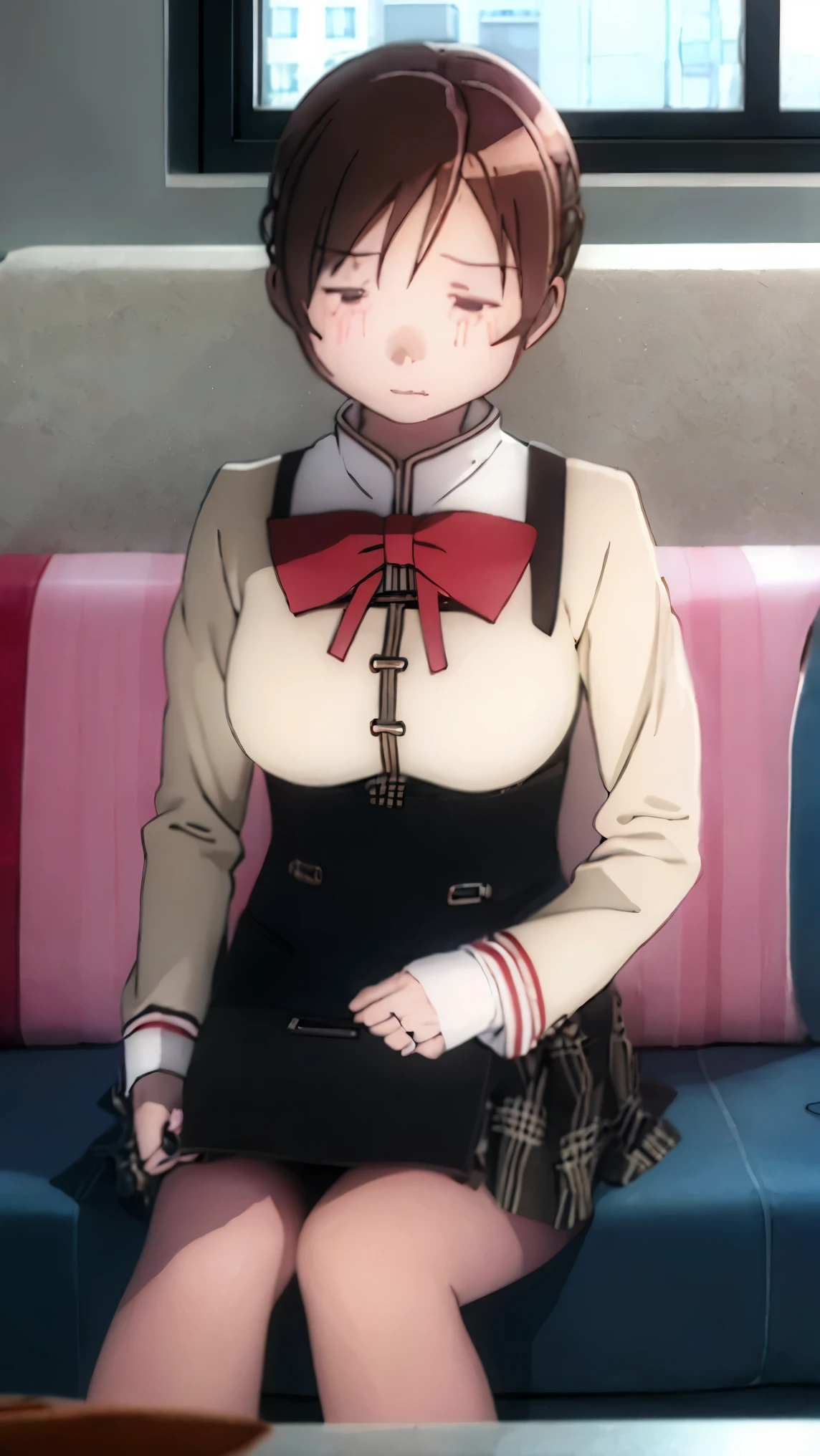 nsfw, 8k,high definition, Best Quality,girl, watch viewers, There is a sofa in the living room,uniform , living room, window, windowの外は真夏の庭,  wiping away sweat 、the atmosphere is not working enough、I'm sitting on the lap of a dark-haired adult man whose face isn't depicted I'm sweating、A crying face that endures
