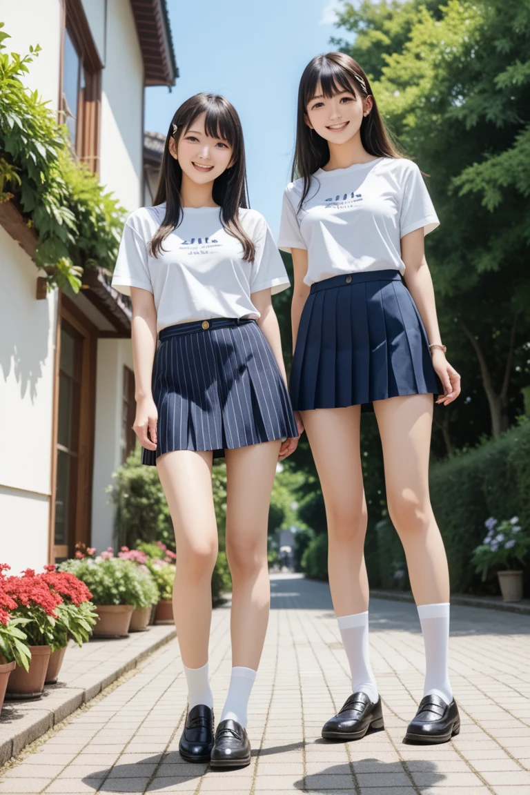 two girls standing in the park,Plain white school gym shirt with navy blue trim, Navy blue speed briefs,White headband,16 years old,bangs,A small smile,Thighs,knees,Straight hair with barrette,From below,Front light, White panties visible through the skirt、Lift the hem of your skirt with both hands to reveal your panties、Are thin、slender、Small breasts、Flat Chest、Small breasts