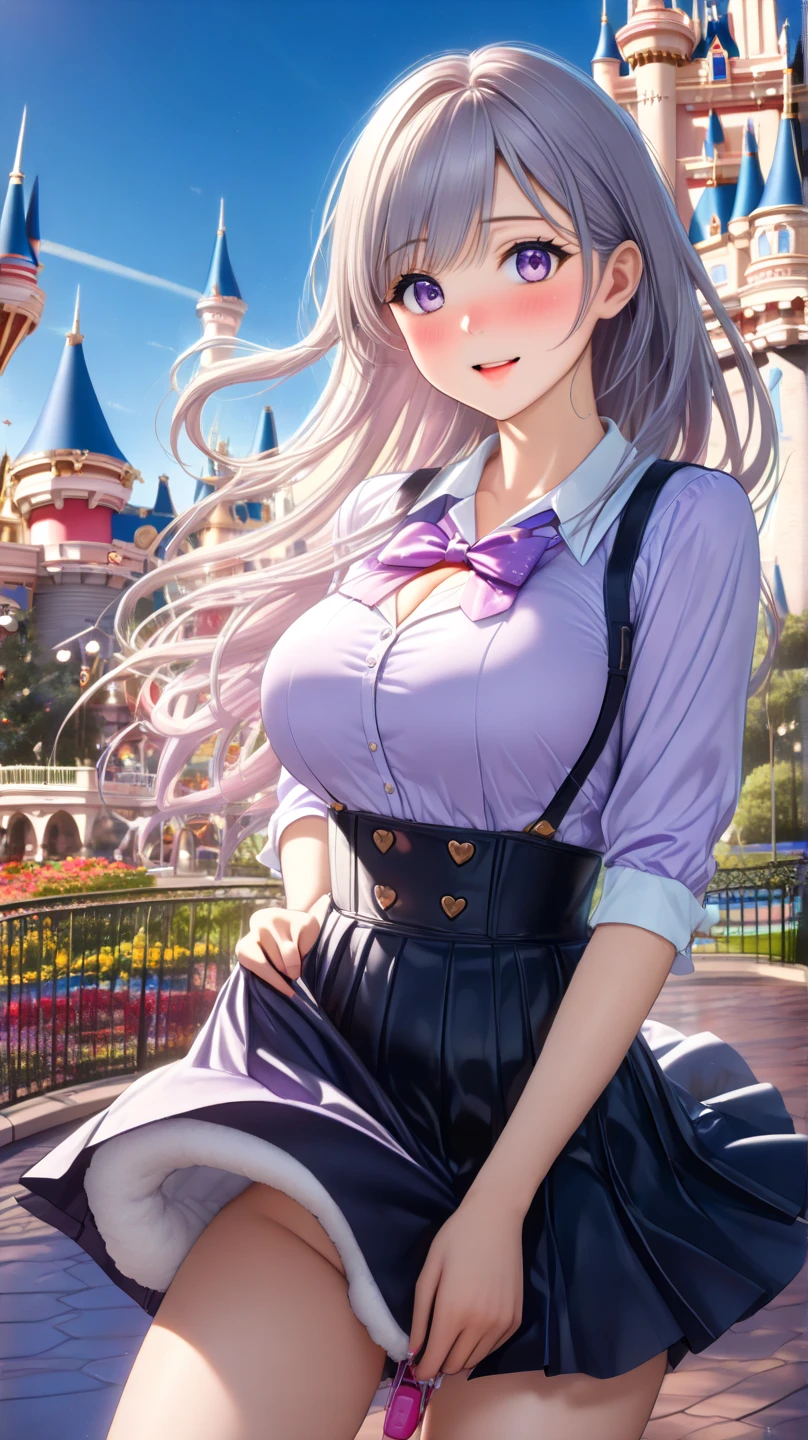 ((worst quality, low-quality)), masutepiece,Best Quality,ultra-detailliert,(School Uniforms:1.2), (gals:1.2), plump shiny lips, Beautiful clear eyes, (The best smile), Spoken Heart, Leaning forward, (Dynamic Pose:1.2), (White shirt:1.3), (Tie a beige cardigan around your waist:1.3), ((cleavage, Unbuttoned):1.2), (Plaid pleated skirt:1.2), ((Necklace,Colorful bracelets,X Hair Ornament):1.2), (Shining sunlight), (Castles), (Theme Park Background),