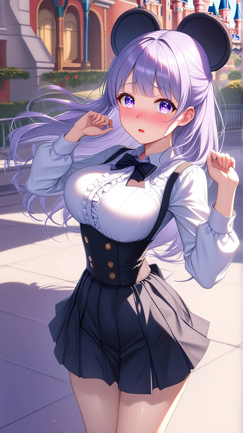(gray hair:1.2),(thick curly hair:1.4),(short curly hair:1.3),(with blue eyes:1.25),blush,(Shirtless suspenders:1.2),(Pink plaid tie:1.2),(Skirt with suspenders:1.3),(Flare skirt with lots of frills:1.2),(high sock loafers:1.2),(Beautiful breasts spilling out of clothes:1.3),(smile:1.1),(Soft smile:1.15),(night park:1.2),(her eyes are shining:1.2),(eye size:1.7),(close up of face:1.35),(NSFW:1.4),(show off you:1.3),