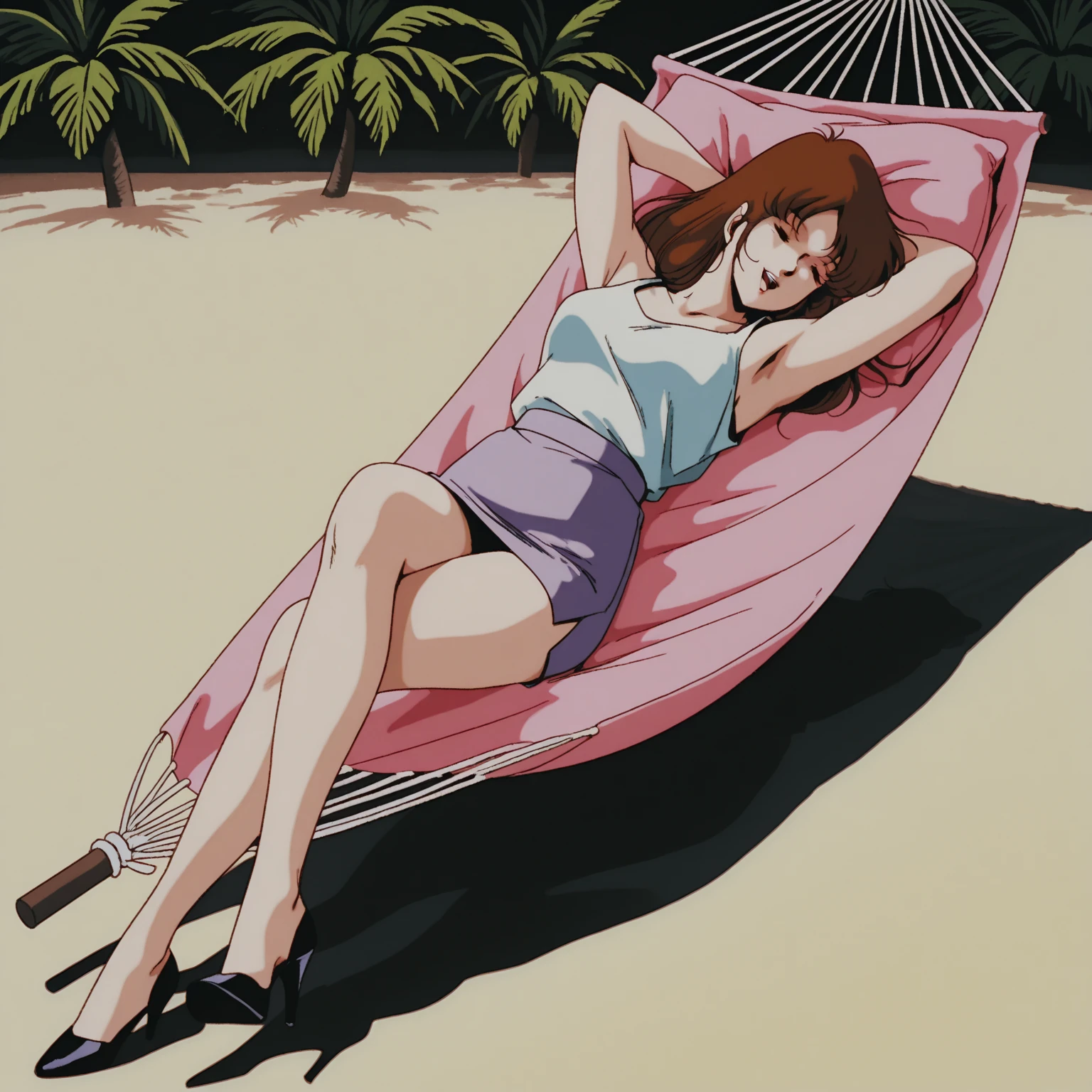 (((asakura minami:1.3))),((masterpiece)),((highest quality)),POV,super detailed,(thin entire outline),enlightenment,explicit,((1girl:1.3)),dutch angle,black hair,medium hair on shoulders,black eyes,small nose,perfect body,beautiful body,beautiful character design,perfect eyes,perfect face,(happy,smile,red cheeks,having fun:1.2),small open mouth,perspiration,wallpaper,ultra high resolution,8k,photo shoot,(beautiful large breast:1.2),beautiful legs,perfect feet,beautiful skin,fair skin,smooth skin,official style,official art,make a screen cap,outdoor,(summer beach),sunshine,bright lighting,white bikini,(((micro bikini,protruding nipples,camel toe:1.3))),((wide spread legs,peace sign:1.2)),(relaxing on beach chair:1.3),(((((male's hand is touching her legs:1.4))))),