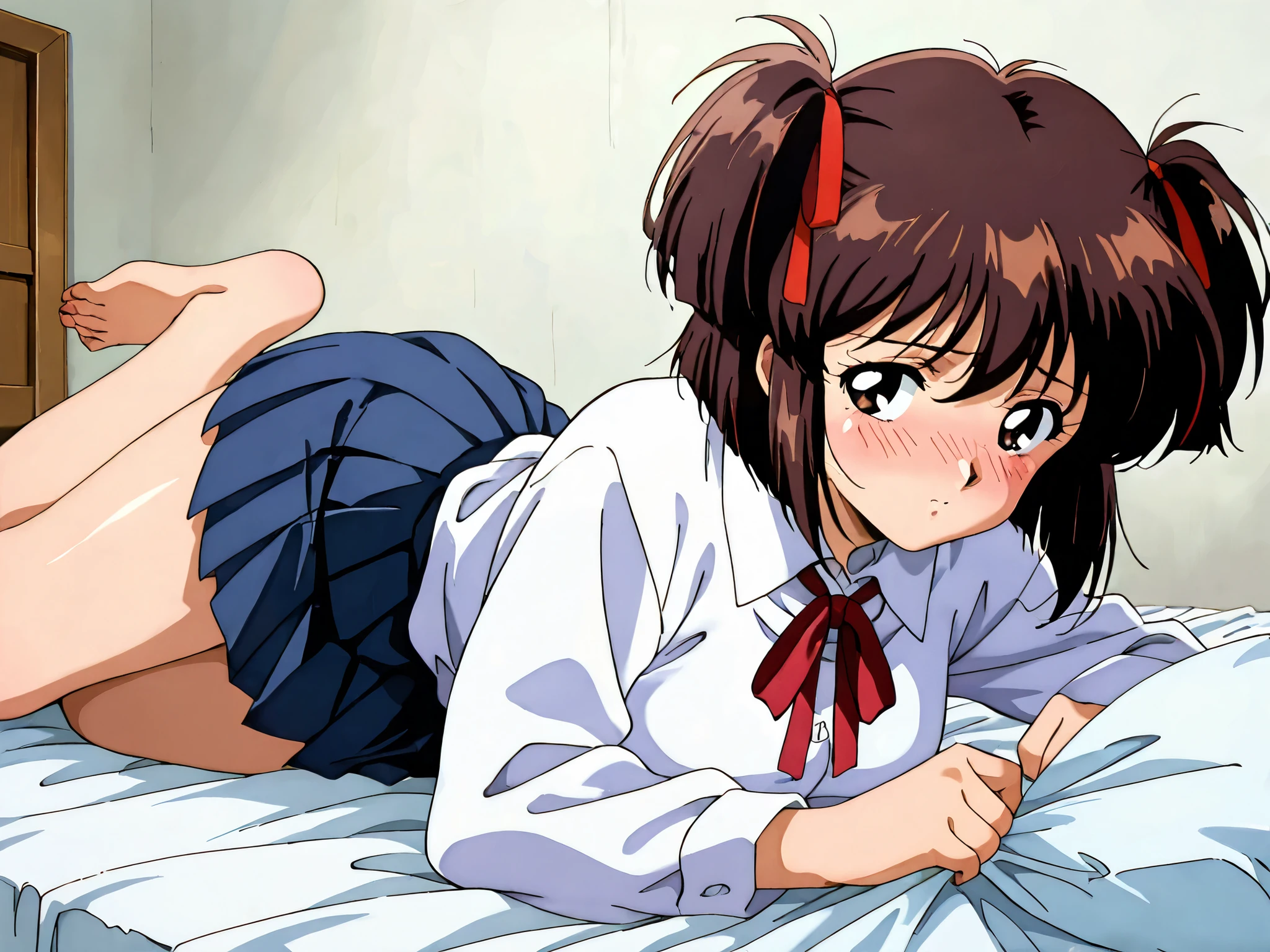 1girl,solo,adult,18 years old,kayo,dark brown eyes,dark brown hair,two side hair,hair tied thin red ribbons,shoulder-length short hair,white collared shirt,short red necktieribbon,navy blue short pleated skirt,masterpiece,best quality,amazing quality,score_9, score_8_up, score_7_up, source_anime,retro art style,BREAK,(((adult))),(((18 years old))),lying on a bed,embarrassed,blush,barefoot