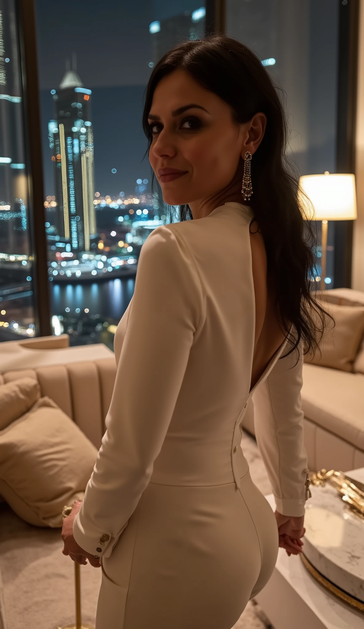 (Photorealistic masterpiece:1.4), (8K UHD:1.3), (Hasselblad H6D quality), (studio lighting with rim light and softbox:1.3), elegant model, (genetic perfection:1.2), (dewy skin texture with natural subsurface scattering), (perfectly contoured cheekbones), (voluptuous yet athletic physique:1.1), (wearing tailored ivory silk blouse with a deep v neckline and mother-of-pearl buttons:1.4), (designer high-waisted yoga pants with seam detailing:1.2), (delicate Cartier jewelry:1.1), posing with a subtle,  smile—hinting at confidence and allure—directed at the viewer, in (luxurious suite at Burj Khalifa:1.5), (floor-to-ceiling windows showcasing Dubai's glittering skyline at night:1.6), (iconic skyscrapers like Address Sky View and Dubai Marina visible), (opulent modern interior with gold leaf and white marble accents:1.4), (designer furniture from Fendi Casa or Bentley Home), (plush velvet chaise lounge with satin throw pillows), (crystal champagne flute on onyx counter), (slight motion blur on distant city lights), (Leica Noctilux bokeh effect:1.2), (Vogue Arabia editorial style:1.3), (hyperdetailed fabric textures:1.3), (perfect skin microcontrast), (professional model posture), (warm ambient glow from Dubai's neon lights reflecting in the room), (ultra-luxury atmosphere:1.4), (moody yet sophisticated lighting:1.3), hourglass figure, , (((twenty year old version of the selected Lora))), rear view, she's looking to her back
