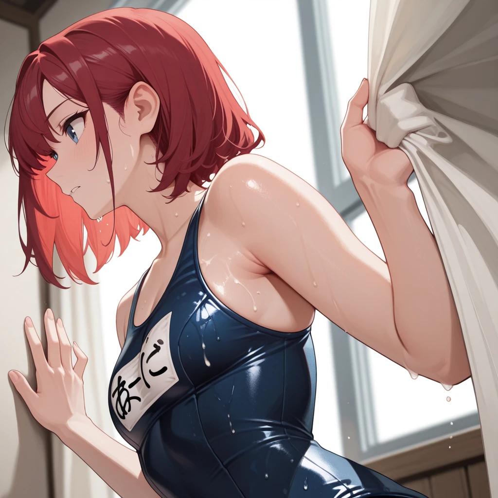 ((Tabletop, Highest quality, High resolution, Pixel perfect, 4K, nsfw)))、1 Girl, Beautiful woman、((short hair, Twin braids、Red Hair)), ((blue eyes、Beautiful eyelashes, Realistic eyes)), ((Detailed face, blush:1.2)), ((Smooth texture:0.75, Realistic texture:0.65, Realistic:1.1, Anime CG Style)), ((Muscular))、((Small breasts、Swollen nipples、Thick thighs)), Perfect body、Inside the train at night、((((:or、Embarrassing、Are crying、blush))))、((Sweat))、Sitting、Spreading her legs、(Put your hands behind your head、Armpits)、((Blue Stripe Bikini))、