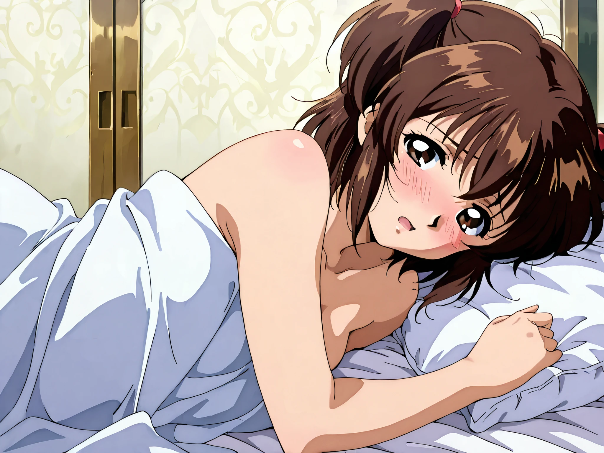 Animated makima wears an oversized T-shirt at night and leans on the patterned wall without wearing anything on her lower body