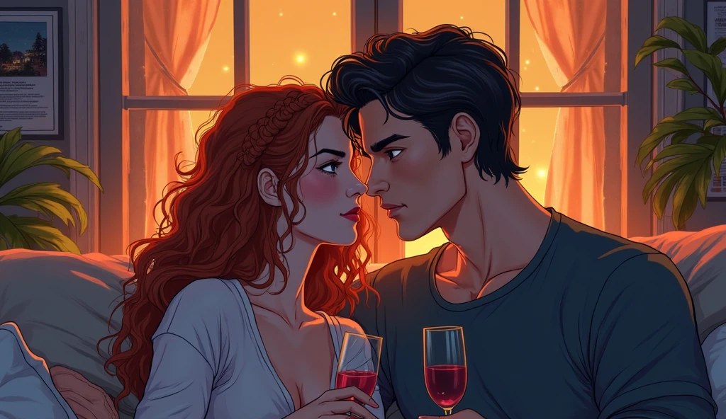 redhead woman with a red haired man,drinking wine, she sat on his lap