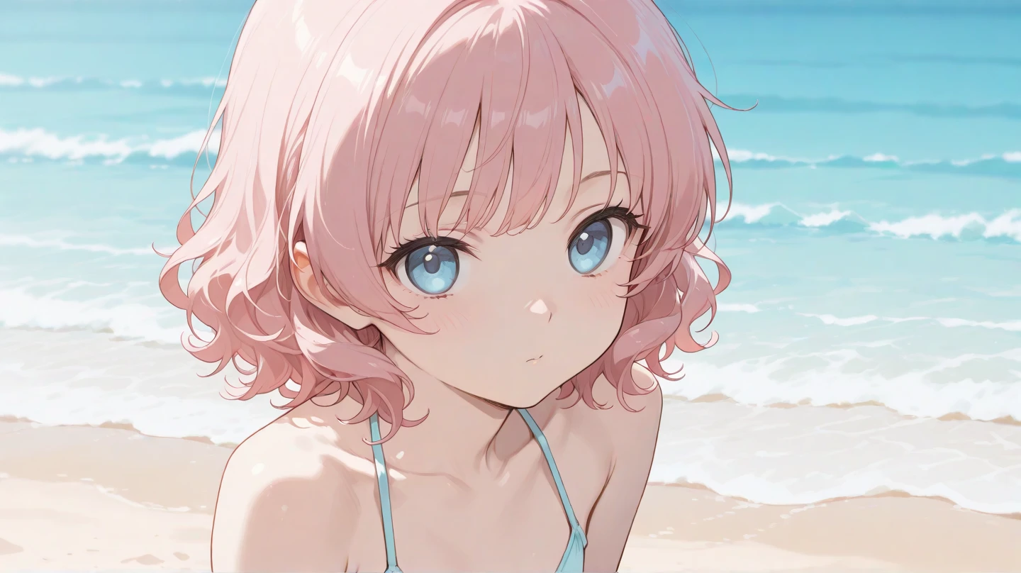 (Ultra HD、Very detailed、Highest quality、Extreme close-up、Delicate expression、Fine Lines、Detailed depiction、An unbreakable attitude、Biologically correct body shaping、Detailed face、Detailed Hair、Lying on the sand、Sex-inviting pose、My whole body is wet):2.0、(Sexy white and light pink bikini、Stylish beach sandals):2.2