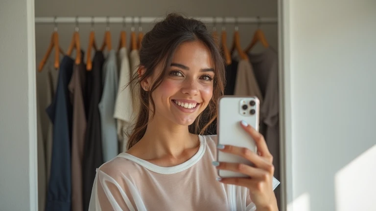 A young Caucasian woman in her twenties with slightly wavy, shoulder-length brown hair is standing in her modern bedroom. She is wearing a casual t-shirt and fitted jeans. She holds her smartphone with one hand in front of her mirror, capturing a photo of herself. His expression is relaxed and slightly smiling. The room is modern with neutral colors, minimalist furniture, and a potted green plant in the corner. There is a large framed mirror against the wall behind her, reflecting part of the room. Natural light enters through a large window to its left, creating a bright and warm atmosphere. Details like stacked books, a soft rug, and a designer lamp add a personal touch to the scene