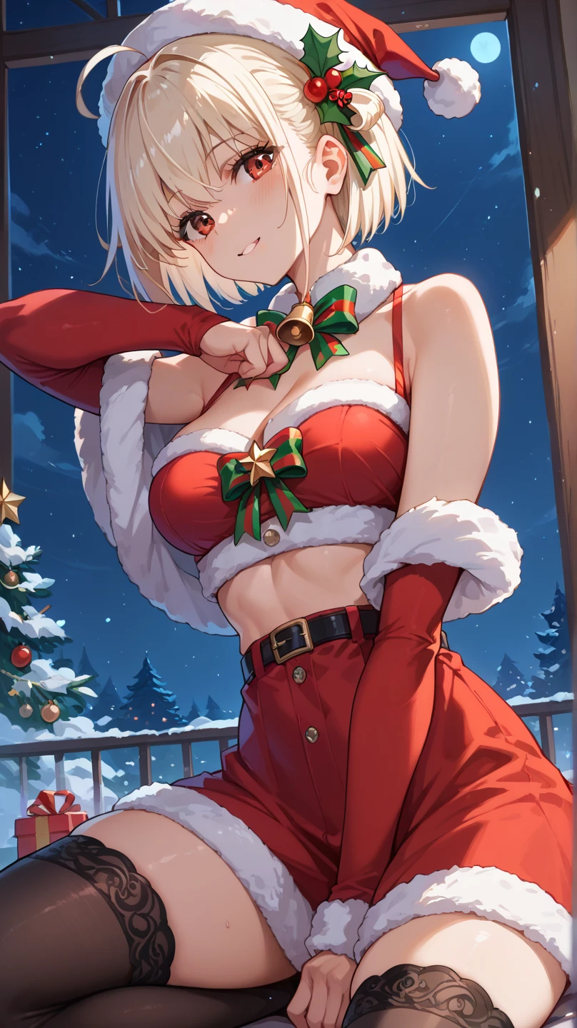 best quality, masterpiece, highres, solo, {altria_pendragon_alter_fgo:1.15}, blonde_hair, yellow_eyes, bangs, breasts, ribbon, braid, sidelocks, medium_breasts, hair_ribbon, hair_between_eyes, 1girl, cape, cleavage, fur_trim, gloves, hat, looking_at_viewer, santa_costume, santa_hat, christmas, fur-trimmed_cape, sack, arm_up, armpits, black_gloves, blue_headwear, blush, bow, choker, closed_mouth, fur-trimmed_headwear