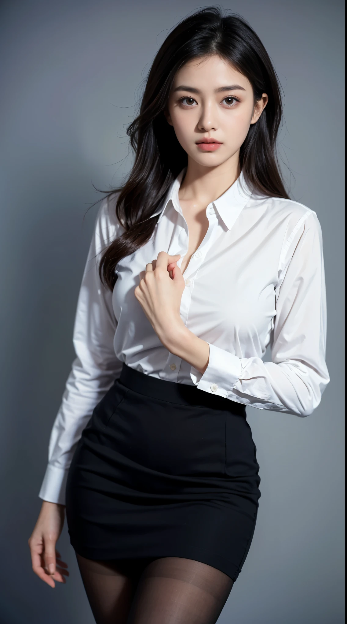 1girl, solo,realistic, cowboy shot,full body,
(((grey background:1.3))),
(bangs:1.3,long hair:1.1),
(((white_Long_sleeve_collared_shirt))),
(Straight breasts:1.3),(large breasts:1.2),
(Slender waist:1.1),
(((a photo of a 20 years old fashion and Beautiful model))),((realistic face texture)),best quality, 8K, HDR, highres, absurdres:1.2,( super handsome and clear face),Photography,(RAW photo:1.2, photorealistic:1.4, masterpiece:1.3, best quality:1.3, ultra high res:1.2), sharp focus:1. 4, (taken by Nikon D3, 85mm, f/1.4, ISO 200, 1/160s:0.75,UHD), (super_detail, hyper_detail, finely_detailed),