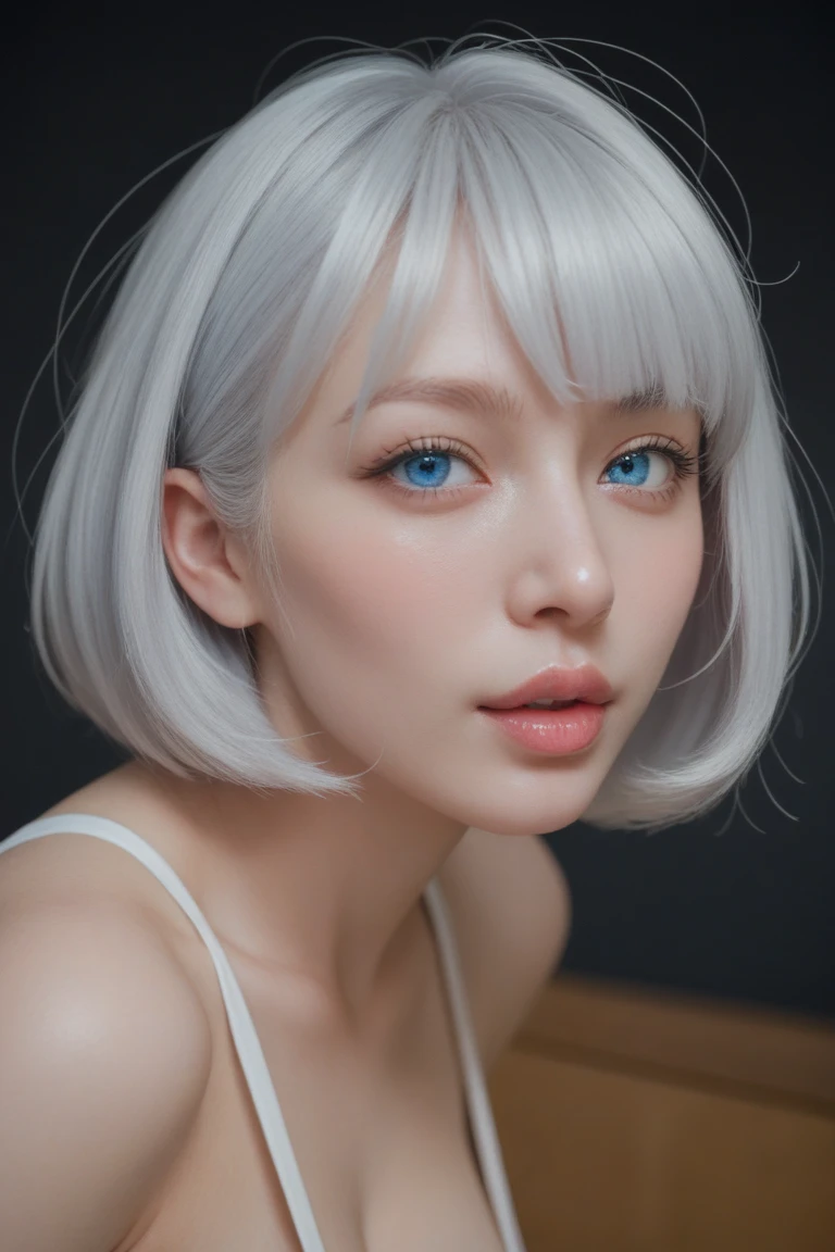 girl young, blue eyes, huge breast, white hair, bob hair
